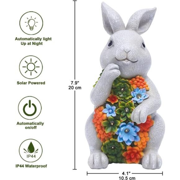 Solar Garden Outdoor Statues Bunny with Succulent and 7 LED Lights – Lawn Decor - Picture 2 of 7